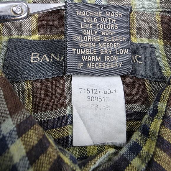 Banana Republic Shirt Mens Large Brown Yellow Plaid Linen Short Sleeve Button Up - Picture 14 of 14